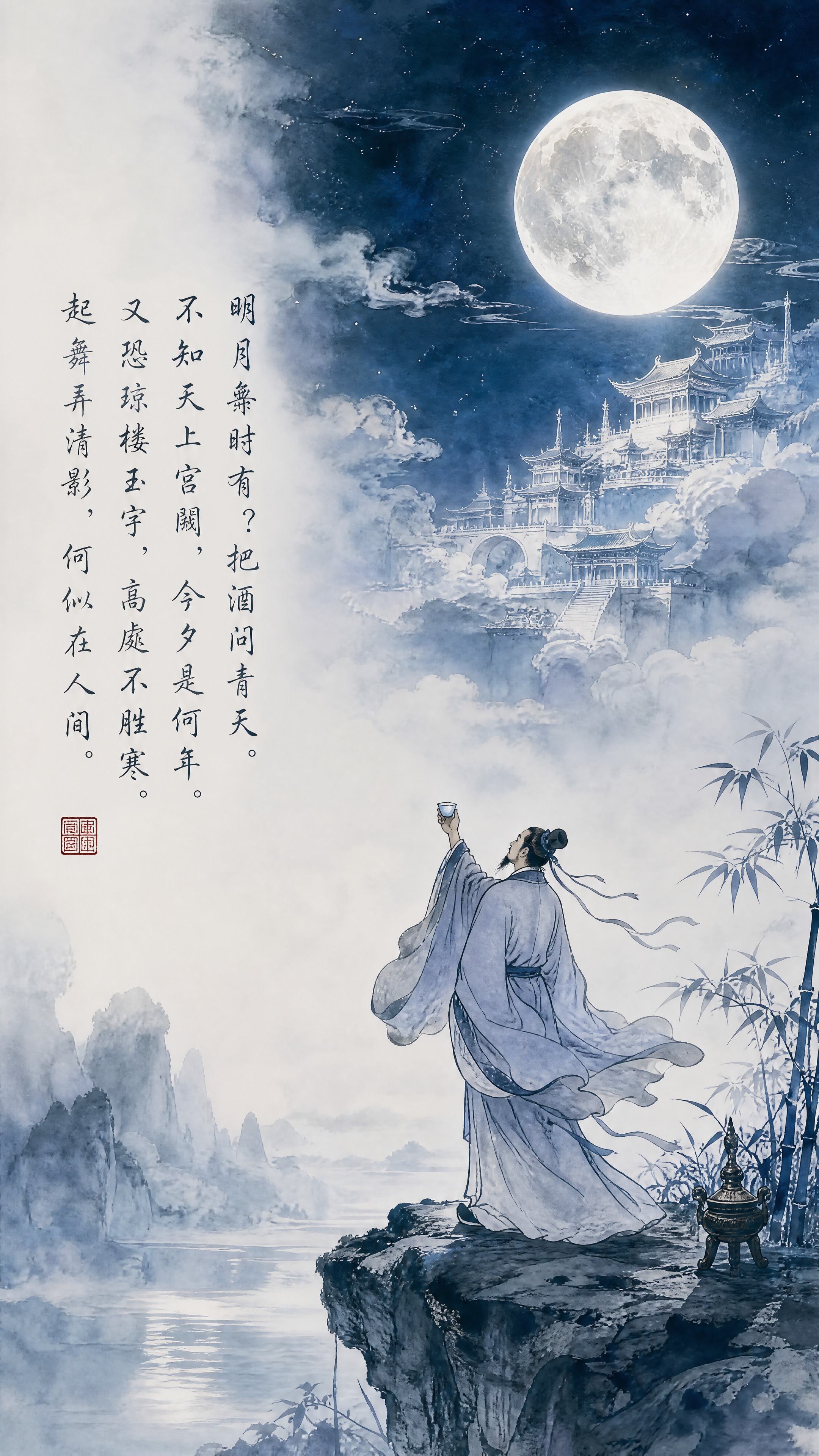 竖版中国风意境画面，苏轼《水调歌头·明月几时有》主题。深蓝色夜… - 图片创意预览