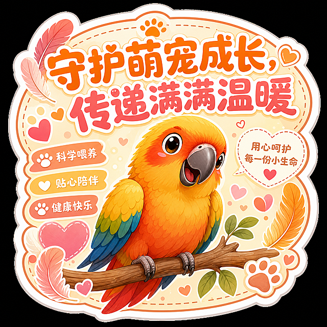 宠物宣传主题异形贴纸，画面中心放置卡通鹦鹉站在树枝，边缘异形抠图贴合椭圆形轮廓，圆润活泼大字主标题"守护萌宠成长，传递满满温暖"，暖色调配色，边角点缀羽毛、爪印、爱心等宠物相关小图标装饰，整体活泼温馨