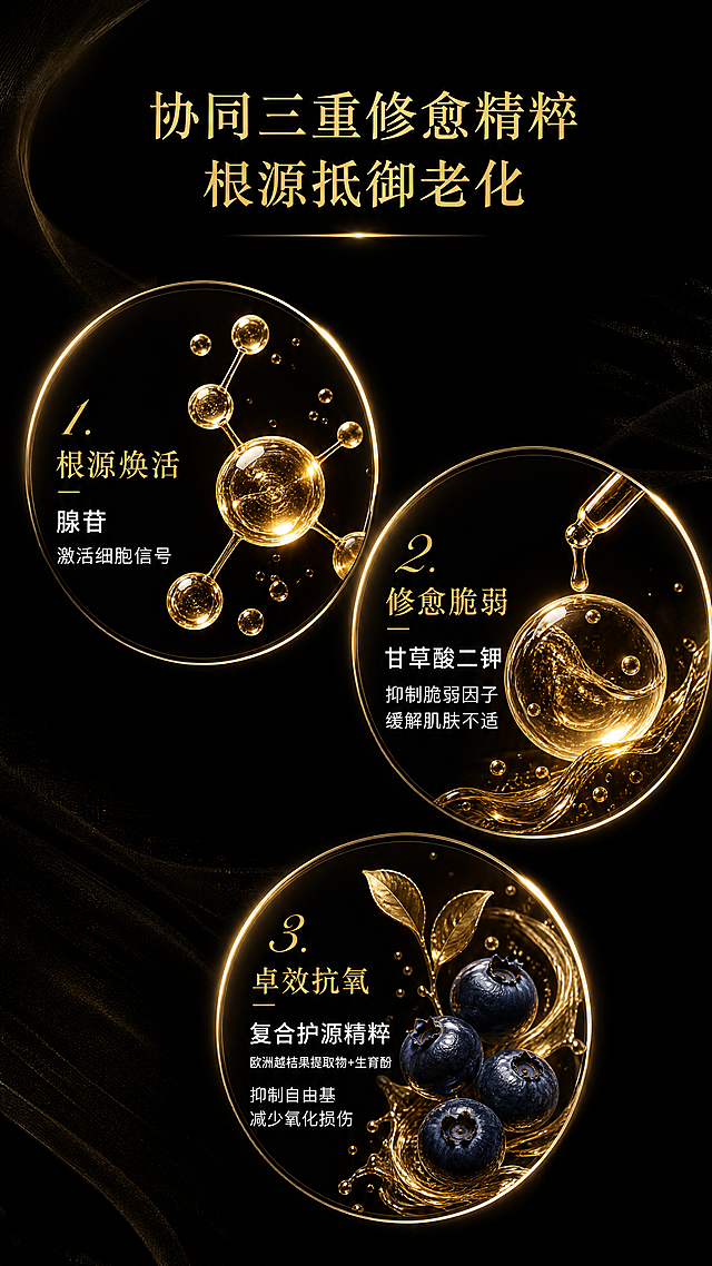 [第3屏] 核心成分解析，赫莲娜黑绷带面霜三重修愈精粹功效说明。
[氛围/风格] 黑金高端科研风，深色背景搭配金色精华质感，精致分子视觉，专业美妆成分展示。
[元素布局] 顶部放置主标题，下方采用三圆形分区展示三大核心成分，每个成分区域包含成分名称、功效说明和视觉示意。保持成分视觉质感真实通透，金色精华流动质感自然。
[光影质感] 每个成分圆形区域采用边缘打光，中心高光突出精华质地，背景深色衬托，光影对比分明，突出成分珍贵感。
[配色色系] 全局底色：#000000（纯黑）；主体配色：#d4af37（金色精华）+#1a1a1a（圆形底黑）；辅助色：#ffffff（白色文字）+#8b7355（棕色背景纹理）。
[视角构图] 从上到下纵向排版，标题在上，三个成分圆形呈三角错落布局，信息层级清晰不拥挤。
[文字版式] 顶部主标题 "协同三重修愈精粹 根源抵御老化"，金色大字居中；三大成分：
1. 左侧圆形 "根源焕活 腺苷 激活细胞信号"
2. 右上圆形 "修愈脆弱 甘草酸二钾 抑制脆弱因子 缓解肌肤不适"
3. 右下圆形 "卓效抗氧 复合护源精粹 欧洲越桔果提取物+生育酚 抑制自由基 减少氧化损伤"
每个成分标题金色，说明文字白色，排版清晰不重叠。
[比例分辨率] 9:16竖版比例，4K分辨率，文字清晰可辨，超高清。
[负向提示词] 成分图形变形，文字重叠，颜色失真，背景杂乱，水印，医疗化宣传。