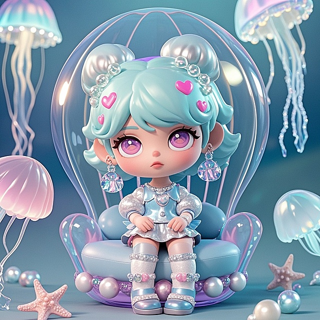 浅蓝色波浪长发，穿着珍珠点缀的泡泡袖上衣和贝壳短裙，坐在漂浮的水母椅上。背景是发光水母，海星和珍珠散落周围。色彩以淡蓝、粉和银白为主，波光粼粼的质感，甜美而空灵