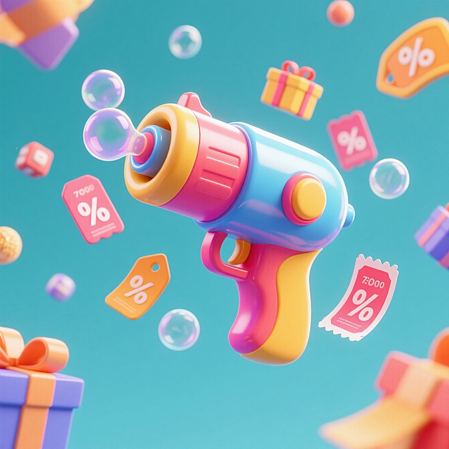 软3D风促销海报，卡通泡泡枪与礼物盒，波普艺术风格，塑料质感，节日氛围浓厚。