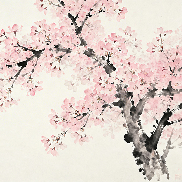 中国水墨画国画图，整体偏柔和樱花粉色调，简约风格，画面中有一棵枝繁叶茂的樱花树，花瓣轻柔舒展，构图简洁干净，意境淡雅悠远，画面元素不复杂
