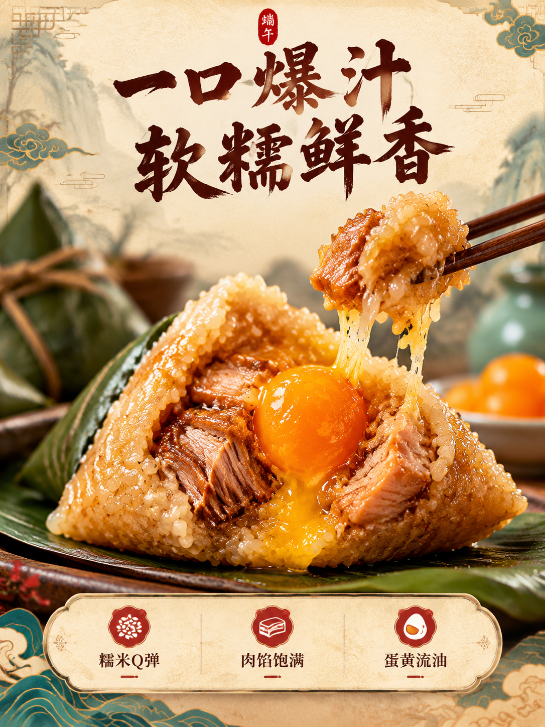 国潮风粽子详情页第3张-口感质地特写，3:4竖版。动作瞬间型+… - 图片创意预览