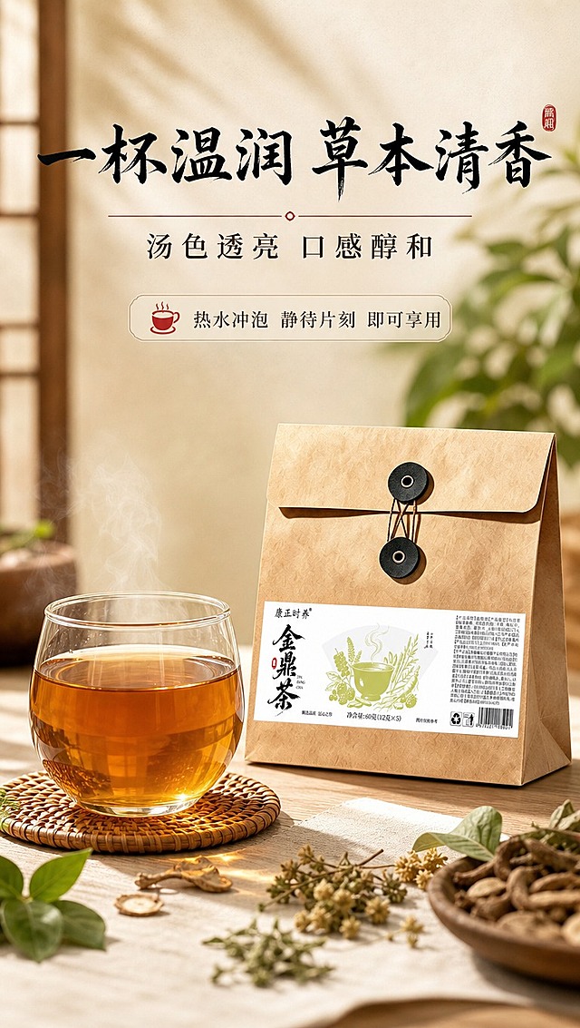 [商品] 使用【图1】康正时养金鼎茶牛皮纸信封式外袋包装；保留包装外观、颜色和标签版式；产品放置在画面一侧，占画面约30%；同时展示一杯冲泡好的琥珀色茶汤，茶汤清透自然。
[画面] 目标：冲泡场景与茶汤质感展示，营造温润饮用氛围。构图：左茶右包或上茶下包，主体为一只透明玻璃杯/陶瓷杯中的茶汤，茶汤呈琥珀色，杯口有淡淡热气；旁边摆放产品外袋；桌面为浅木色或米白色桌布，散落少量干草本原料；背景虚化，暖光氛围；整体≥3层视觉层次（前景原料/中景茶汤与产品/背景虚化）。
[视觉] 套系策略：风格=东方草本新中式商业摄影；标题字=书法宋体/国风手写体；正文字=现代简洁宋体；主色=牛皮纸暖棕+草木橄榄绿；背景延展=基于浅米杏色做宣纸纹理、同色渐变和温润光影层次；强调色=朱砂红，仅用于小面积印章、图标和引线；标题色=深墨黑；正文色=暖棕灰；组件=细线引线、圆角米白信息卡、印章式标签；光影=侧前暖柔光，茶汤通透有光泽。
[文字] 上方主标题「一杯温润 草本清香」，副标题「汤色透亮 口感醇和」；下方配短句「热水冲泡 静待片刻 即可享用」；文字全部横排，不遮挡茶汤和产品主体。
[规格] 图片比例9:16竖版，4K分辨率，负向提示：避免功效词、医疗暗示、内袋、文字竖排、错字、文字过小、冷蓝背景、包装变形、绝对化用语。