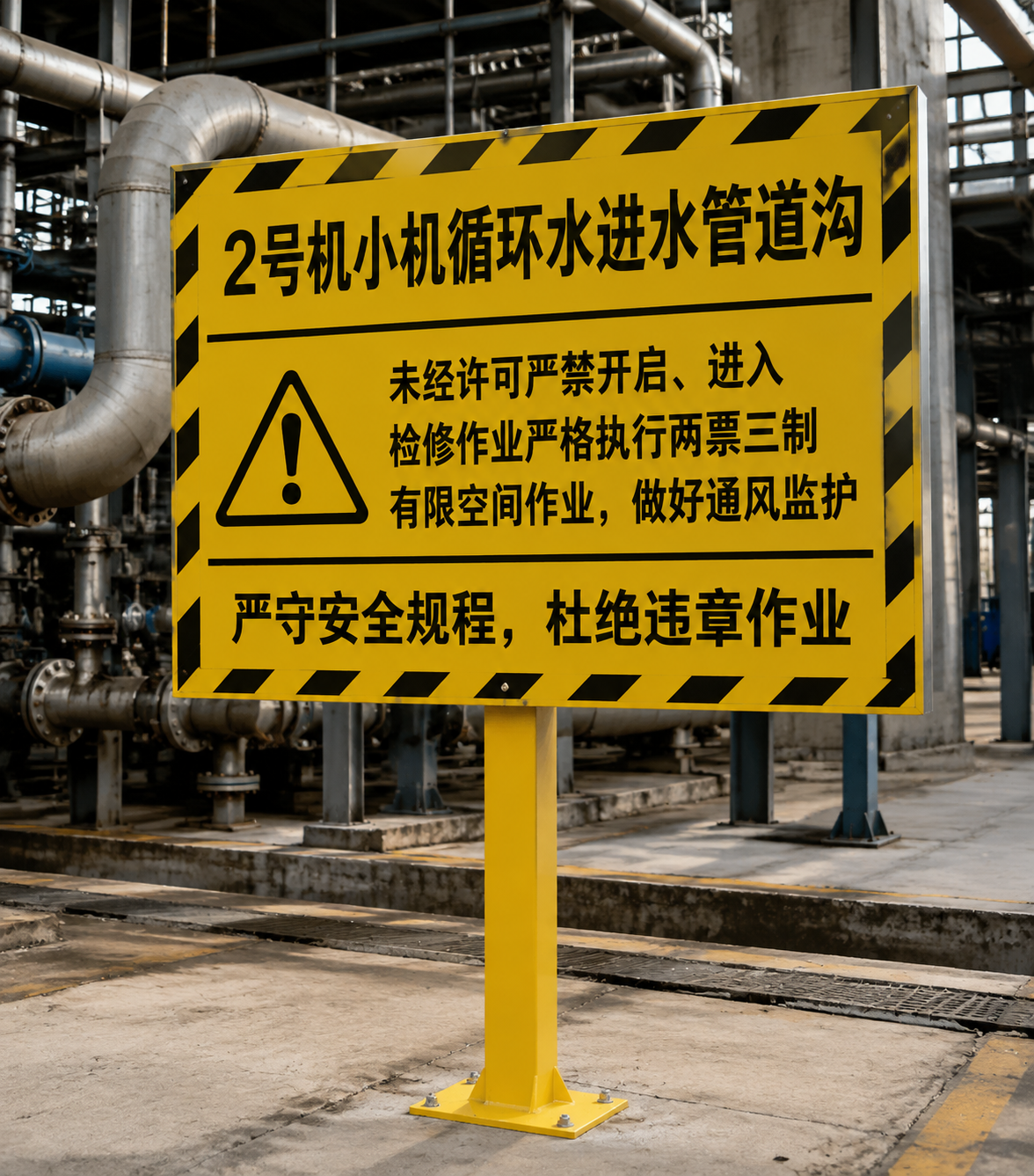 电厂户外立式安全警示牌，玻璃钢材质，黄黑警示配色，斜纹边框，单… - 图片创意预览