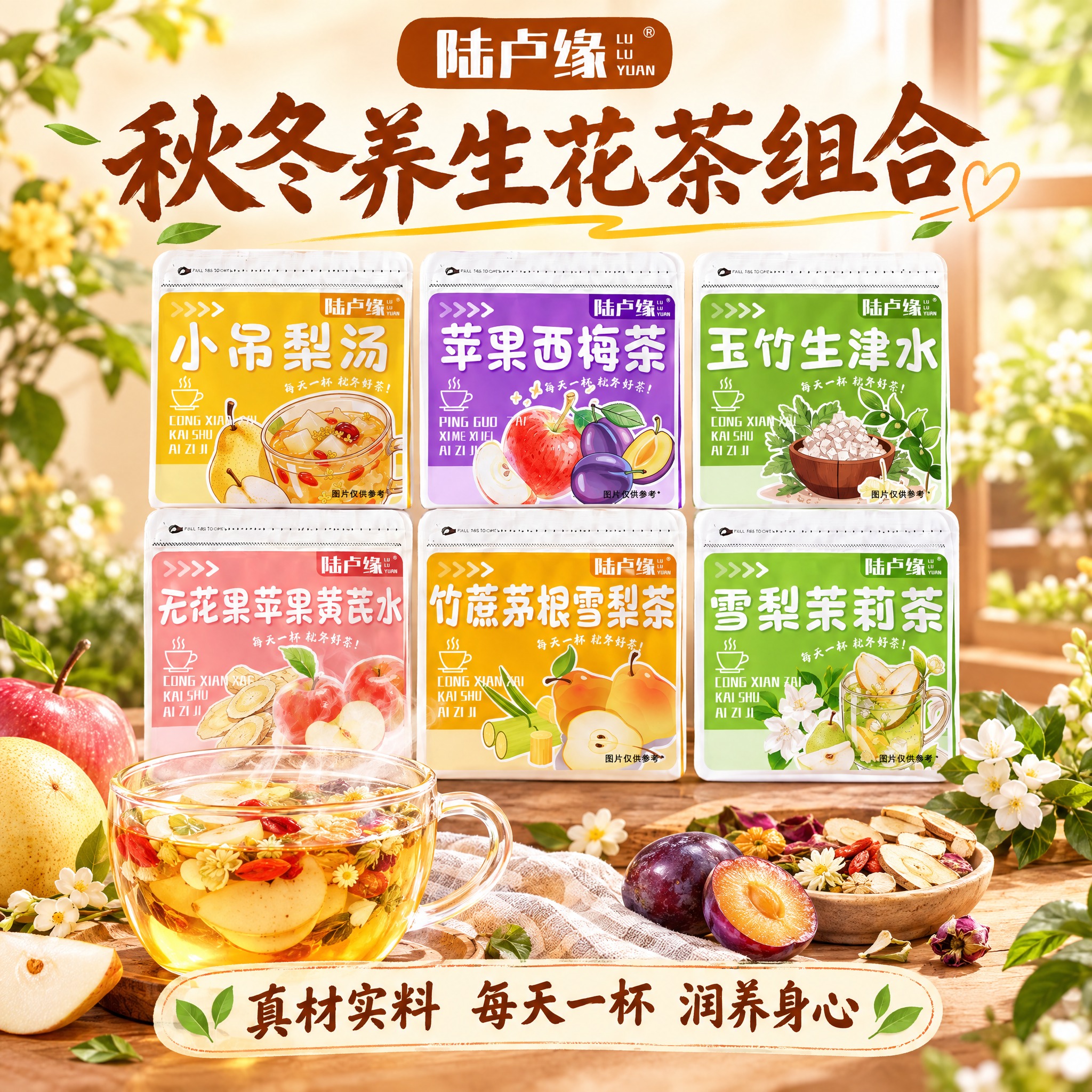 淘宝天猫电商主图，1:1正方形，花茶养生茶主题，温馨治愈的花茶… - 图片创意预览