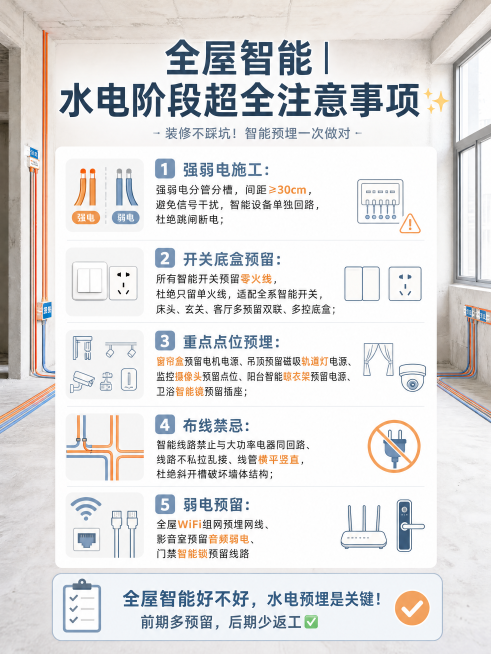 小红书3:4竖版高清配图，全屋智能装修水电施工干货图文，干净治愈家装风格，高清写实毛坯房水电施工实景，墙面地面管线规整整洁，无杂乱建筑垃圾，柔和自然光漫射，光线通透无硬阴影，整体低饱和莫兰迪配色，主色预览效果