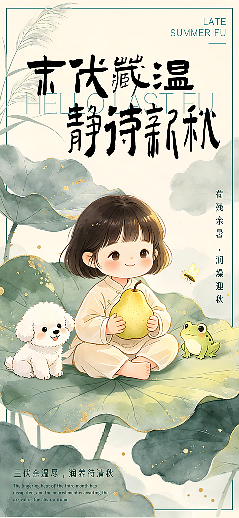 治愈国风三伏末伏问候祝福水彩手机全屏竖版海报