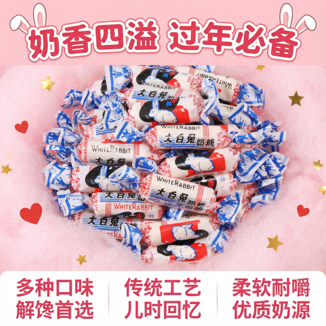 这张图片是产品主体这款产品是大白兔奶糖 我需要设计10张主图在拼多多上面售卖    主图场景布局可以用过年筹备年货  等设计一个高级一些主图文案内容   童年记忆 经典零食 过年必备 商超同款 多种口预览效果