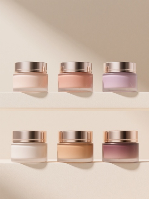 6款不同配色、不同样式、不同材质的美妆造型产品，采用与原图一致的3D渲染风格，柔和渐变色彩，细腻光滑的膏体质感与金属光泽瓶盖，浅色背景，上下两行对齐排列，保持高清晰度和写实光影效果，整体构图简洁大气，突出产品细节与质感差异。预览效果