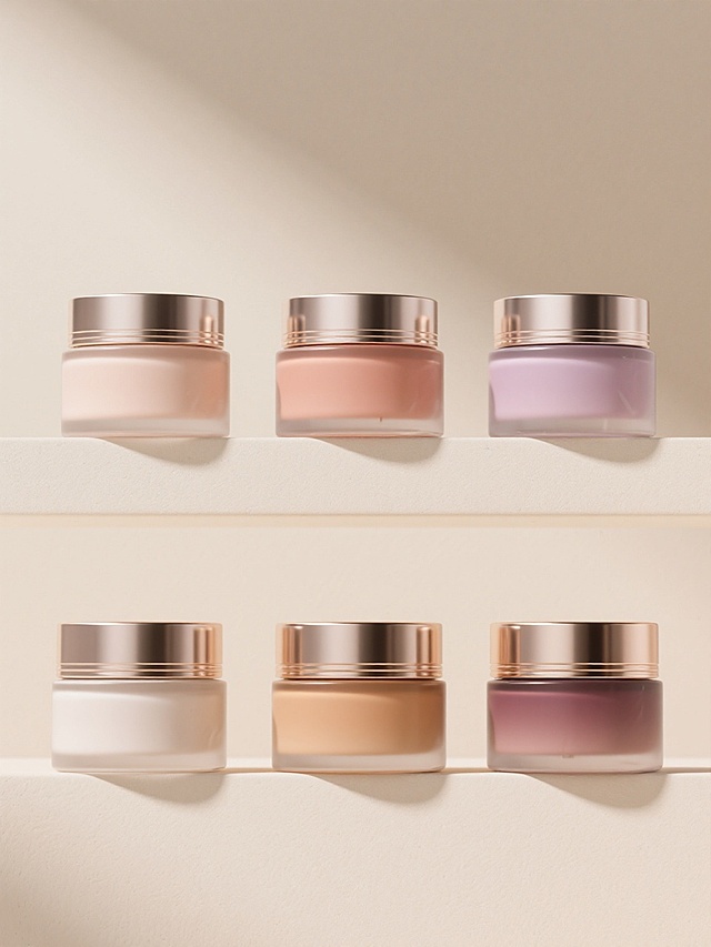 6款不同配色、不同样式、不同材质的美妆造型产品，采用与原图一致的3D渲染风格，柔和渐变色彩，细腻光滑的膏体质感与金属光泽瓶盖，浅色背景，上下两行对齐排列，保持高清晰度和写实光影效果，整体构图简洁大气，突出产品细节与质感差异。