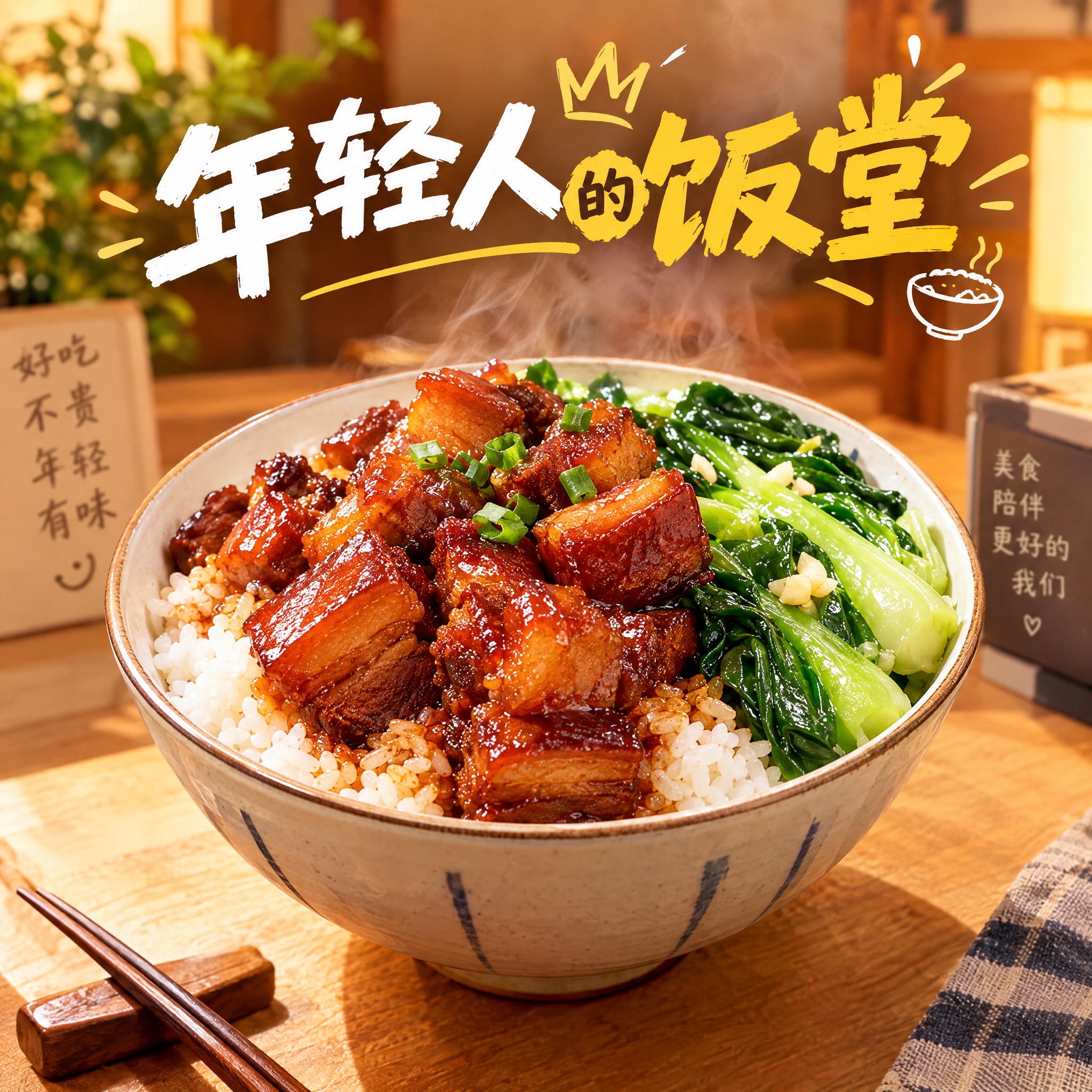 美食头像设计，店名"年轻人的饭堂"，方形构图，无圆形边框，画面… - 图片创意预览