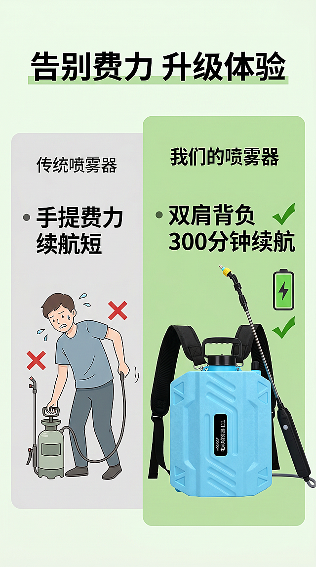 「图片1」，生成一套详情页，商品名称电动喷雾器，主色调为绿色，卖点双肩背负，300分钟续航适配淘宝/天猫平台，单图比例为9：20，需求屏数为3张。「图片1」