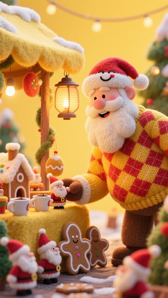 软3D风圣诞场景，毛发生长质感的卡通圣诞老人与姜饼人互动，温馨喜庆，重拟物细节展现节日趣味。