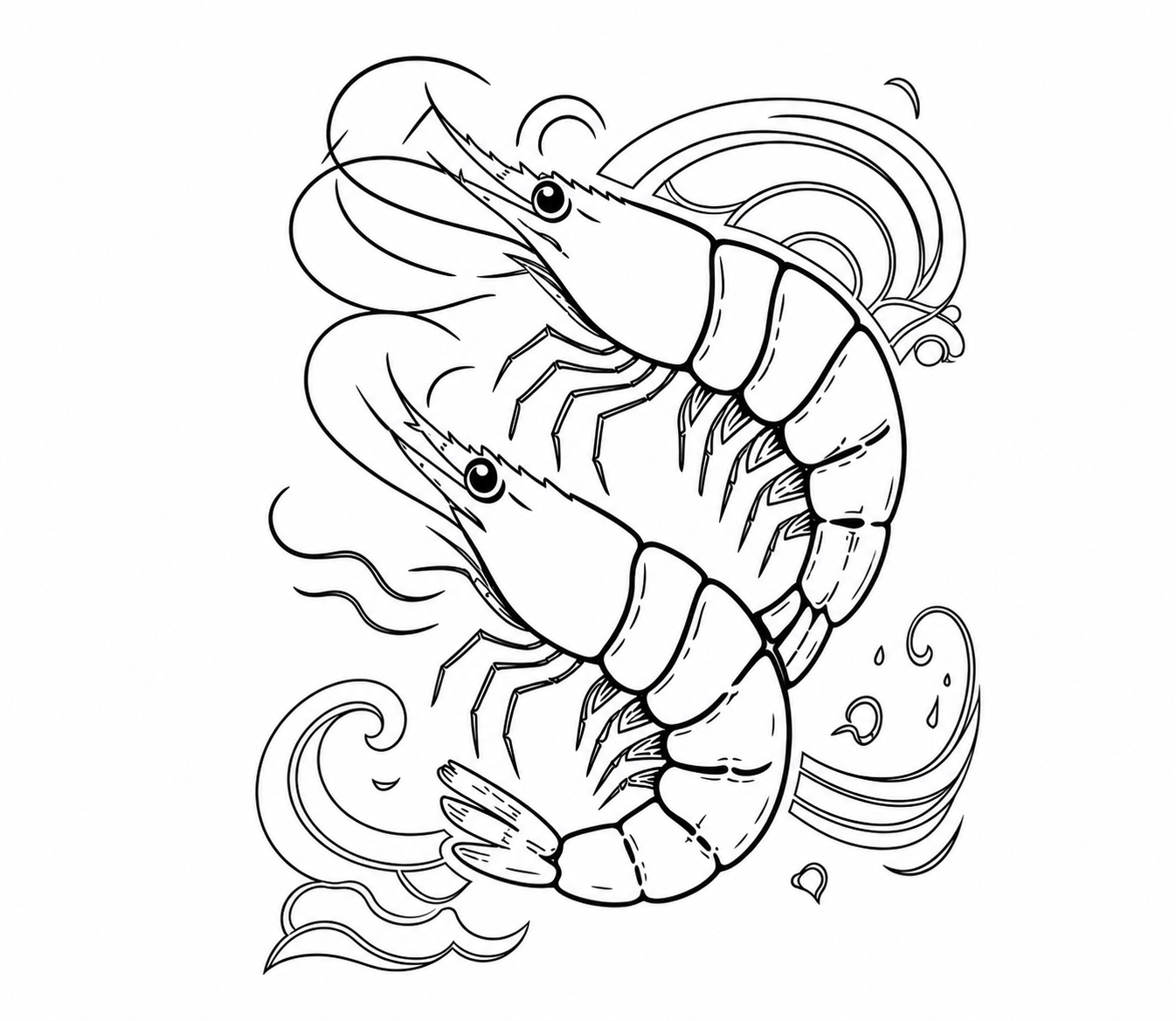 将图中的两只虾和海水波浪纹样提取为黑色轮廓线稿，白色背景，线条… - 图片创意预览