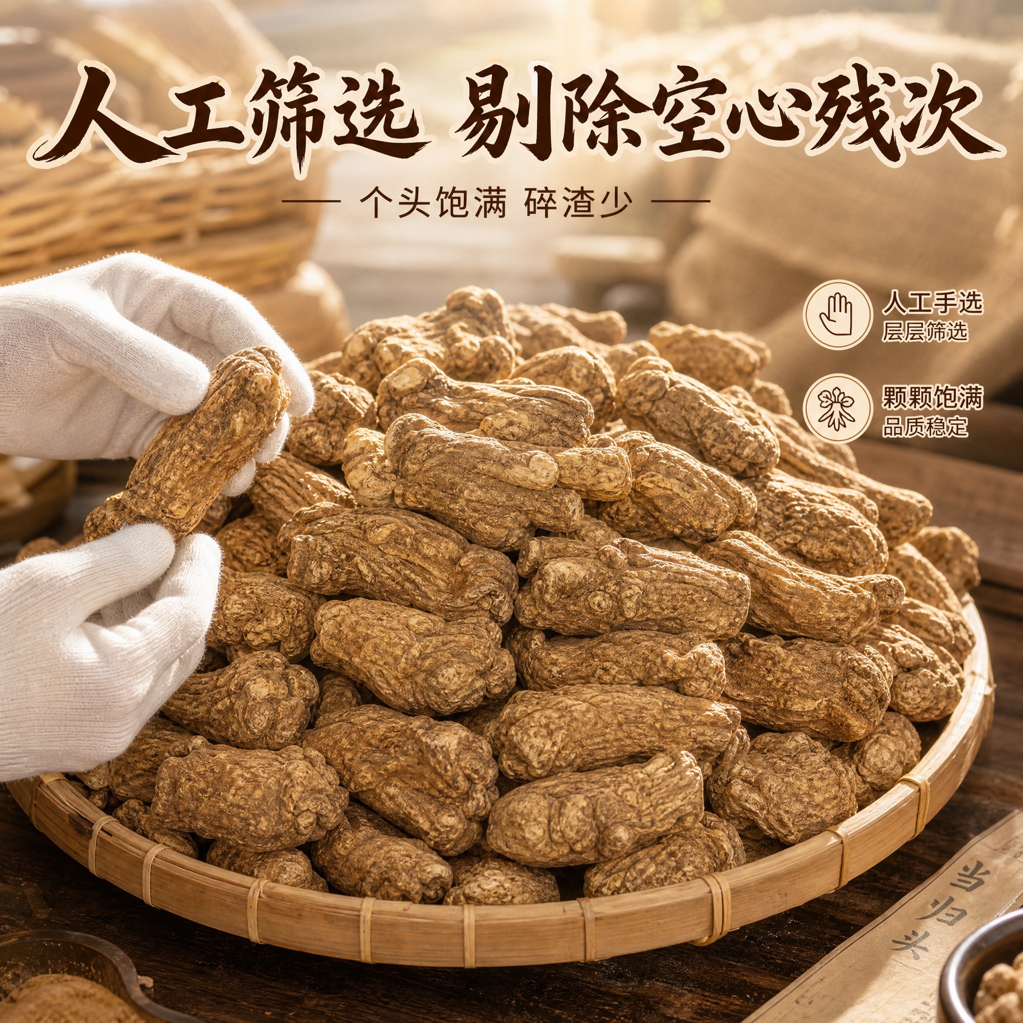 [主图-3] 分拣整堆货图，主题：人工筛选 剔除空心残次。核心… - 图片创意预览