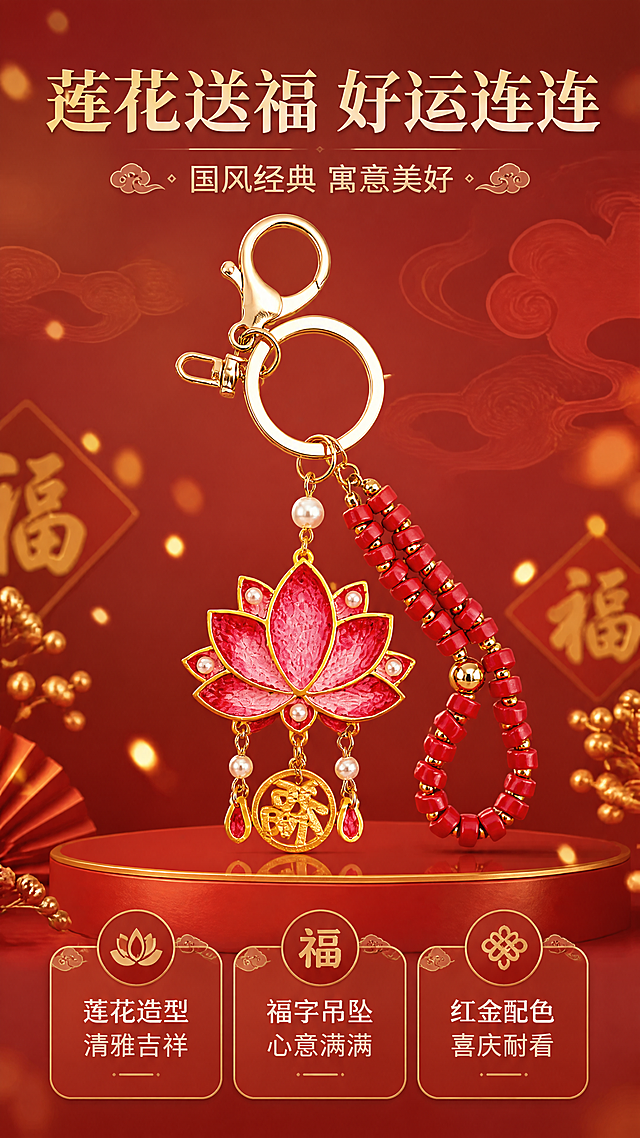 [商品] 使用【图6】红金莲花福字款挂件；保留红色莲花造型、金色描边、珍珠点缀、福字圆牌吊坠、红色珠串、金属扣结构，增强红金配色的喜庆质感与金属光泽，保持真实比例。
[画面] 第4张·款式展示，目标突出莲花福字款的国风寓意与红金配色。画面中央垂直展示完整挂件，主体占画面60%；上方与下方分布文案区；背景为暖红色渐变暗纹（祥云暗纹），营造喜庆国风氛围；前景点缀金色小福字装饰与光斑。
[视觉] 套系策略：风格=国风精致手工感商业摄影；标题字=国风宋体加粗带衬线；正文字=圆润无衬线体；主色=暖金+朱砂红；背景延展=基于暖米杏色做深浅渐变、暗纹祥云肌理和柔光质感；强调色=朱砂红，仅用于小面积标签、引线和重点文字高亮；标题色=深棕红；正文色=暖棕灰；组件=圆角金边信息卡、细金线引线、祥云小图标；光影=左前侧暖柔光，金属件带高光反射。
[文字] 上部主标题"莲花送福 好运连连"，副标题"国风经典 寓意美好"；下方3个卖点："莲花造型 清雅吉祥"、"福字吊坠 心意满满"、"红金配色 喜庆耐看"；文字全部横向排版，不遮挡挂件主体。
[规格] 图片比例9:16竖版，4K，medium画质，避免变形、错字、文字过小、冷蓝背景、挂件颜色改变、福字变形。
