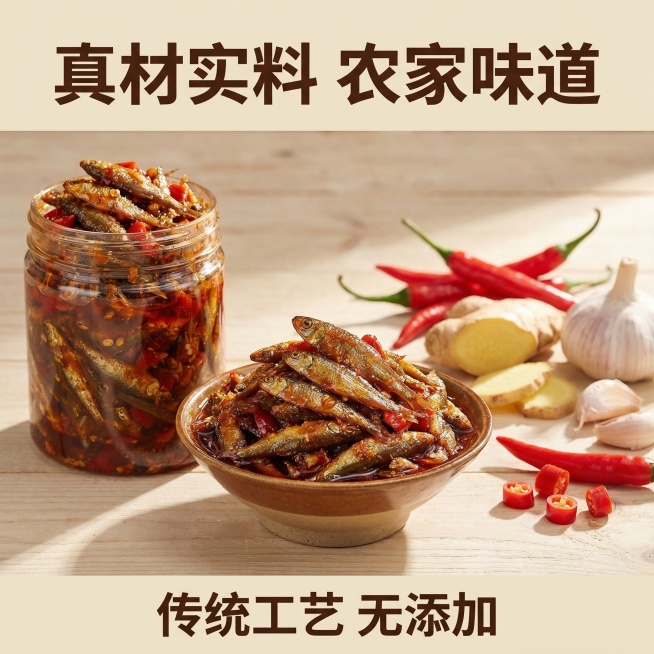 [主图主题]农家柴火鱼主图5
[氛围/风格]质朴写实风，暖调自然光，突出真材实料
[画面元素]左侧展示完整的柴火鱼罐头，右侧摆放着新鲜红辣椒、生姜、大蒜等原材料，中间是一小碗盛出的柴火鱼干，暖光照射，预览效果