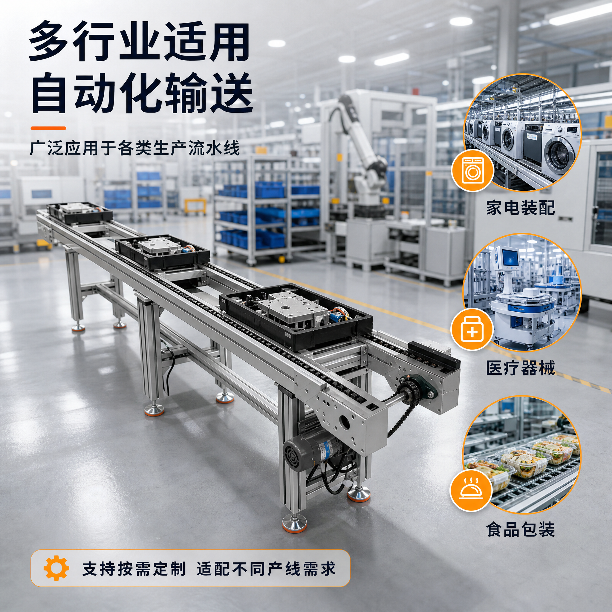 [主图-4] 倍速链输送线 应用场景图，展示输送线在工厂车间的… - 图片创意预览