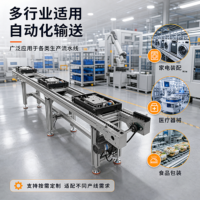 [主图-4] 倍速链输送线 应用场景图，展示输送线在工厂车间的实际使用场景。
[统一基调] 京东风格，简洁稳重，工业专业感；背景主色为浅灰渐变+工业蓝点缀，标题字色为深蓝黑色，辅助字色为深灰色，强调色为工业橙；字体为无衬线粗体，字号层级分明；卡片采用细边框+浅灰底，整体满版排布，文字占比<30%。
[画面] 倍速链输送线放置在现代化装配车间场景中，背景为整洁的工业厂房，有自动化设备、物料架和车间照明，但背景适度虚化突出主体；输送线上有工装托盘载着产品在输送，展示实际工作流转状态；画面右侧有3个圆形场景小图标，分别代表家电装配、医疗器械、食品包装三个应用行业。
[光影质感] 真实工厂车间光影效果，顶部有工业照明灯光，产品受光均匀自然，与场景融合真实，无悬浮感，地面有柔和倒影。
[配色] 场景以工业灰、蓝、白为主色调，产品保持银灰+黑本色，标题和图标用深蓝黑+工业橙强调。
[文字版式] 左上角大标题"多行业适用 自动化输送"；副标题"广泛应用于各类生产流水线"；右侧3个圆形图标配文字："家电装配""医疗器械""食品包装"；底部小字"支持按需定制 适配不同产线需求"；字体统一无衬线粗体，标题最大，其余文字层级分明，不遮挡产品主体。
[输出要求] 1:1正方形，2048x2048，场景真实自然，产品清晰，文字清晰，无变形，无错字，无水印，无京东Logo。