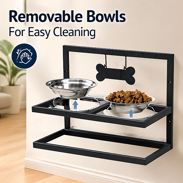 Keep the original product shape completely unchanged, do not modify the product structure. This is a wall-mounted double bowl stainless steel pet feeder, highlight the feature that the stainless steel bowls are removable from the black frame. Use a simple modern home background, not pure white. Add prominent large English text: "Removable Bowls For Easy Cleaning", highlight the English text. Use slice design effect around the product without cutting the product. 800x800 size, one picture only shows this product.