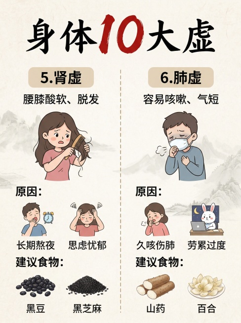 中式养生科普竖版信息图，主题为"身体10大虚"，顶部大标题使用书法字体，数字"10"用红色毛笔字突出，浅米色宣纸背景，带有淡墨山水元素，整体为国风卡通手绘风格，左右分栏用虚线分隔，文字清晰适合中老年阅预览效果