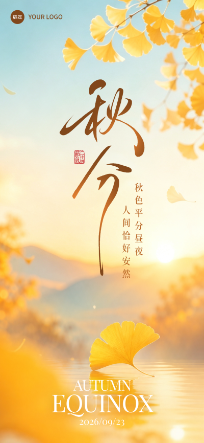 画面展示秋分节气主题，金黄银杏叶与山水背景搭配书法字体，营造秋日温暖氛围。适合用于节日问候、文化宣传或社交媒体分享场景。