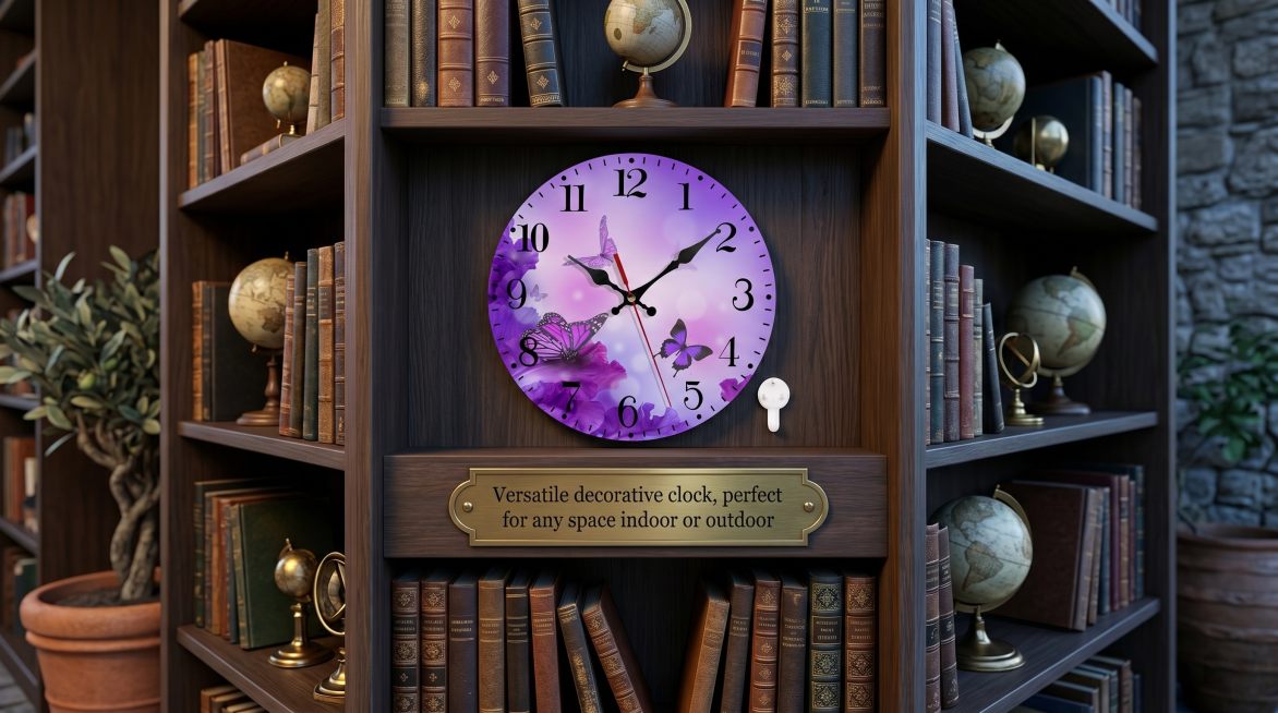 A round wall clock with purple flower and butterfly pattern, silent no ticking, keep the clock's mai预览效果