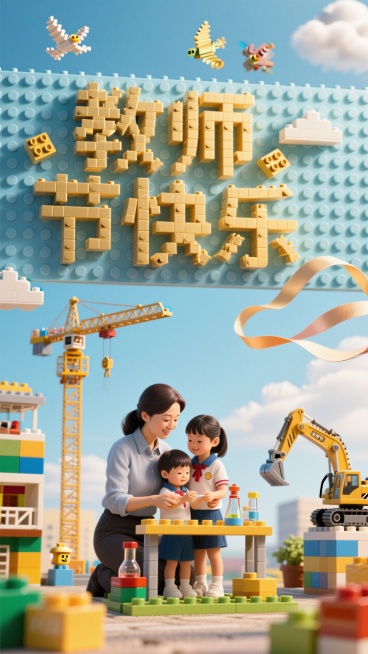 乐高创意字体，“教师节快乐” 字样用金色乐高积木拼在上方，丝带， 幼儿园老师抱孩子、中学老师指导实验 ，背景用浅蓝乐高板模拟天空，点缀乐高飞鸟积木 ，再加一些乐高塔吊 云梯车 挖掘机预览效果