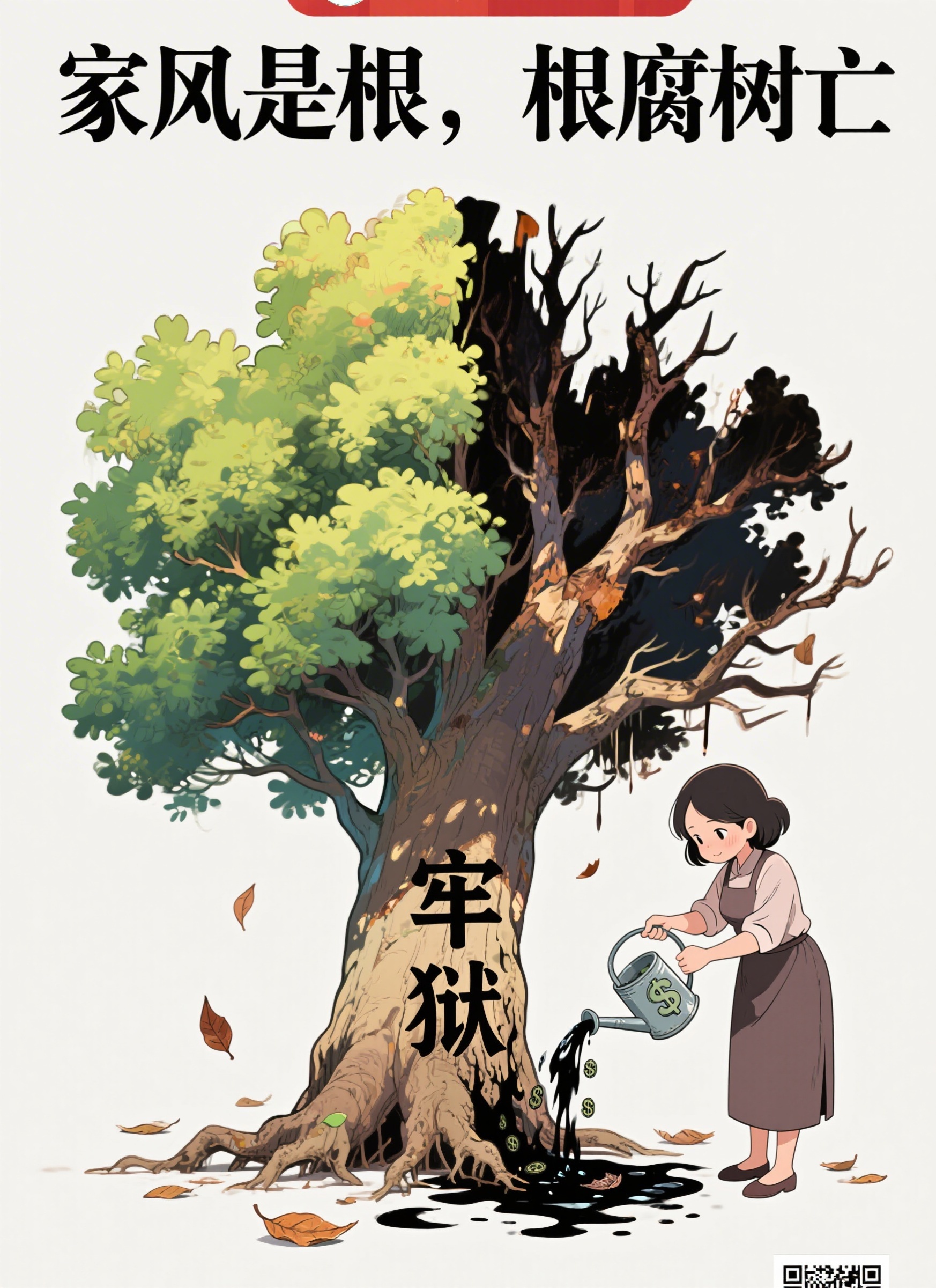 廉洁公益海报，画面主体是一棵茂盛的大树，一半枝繁叶茂是亮色，一… - 图片创意预览