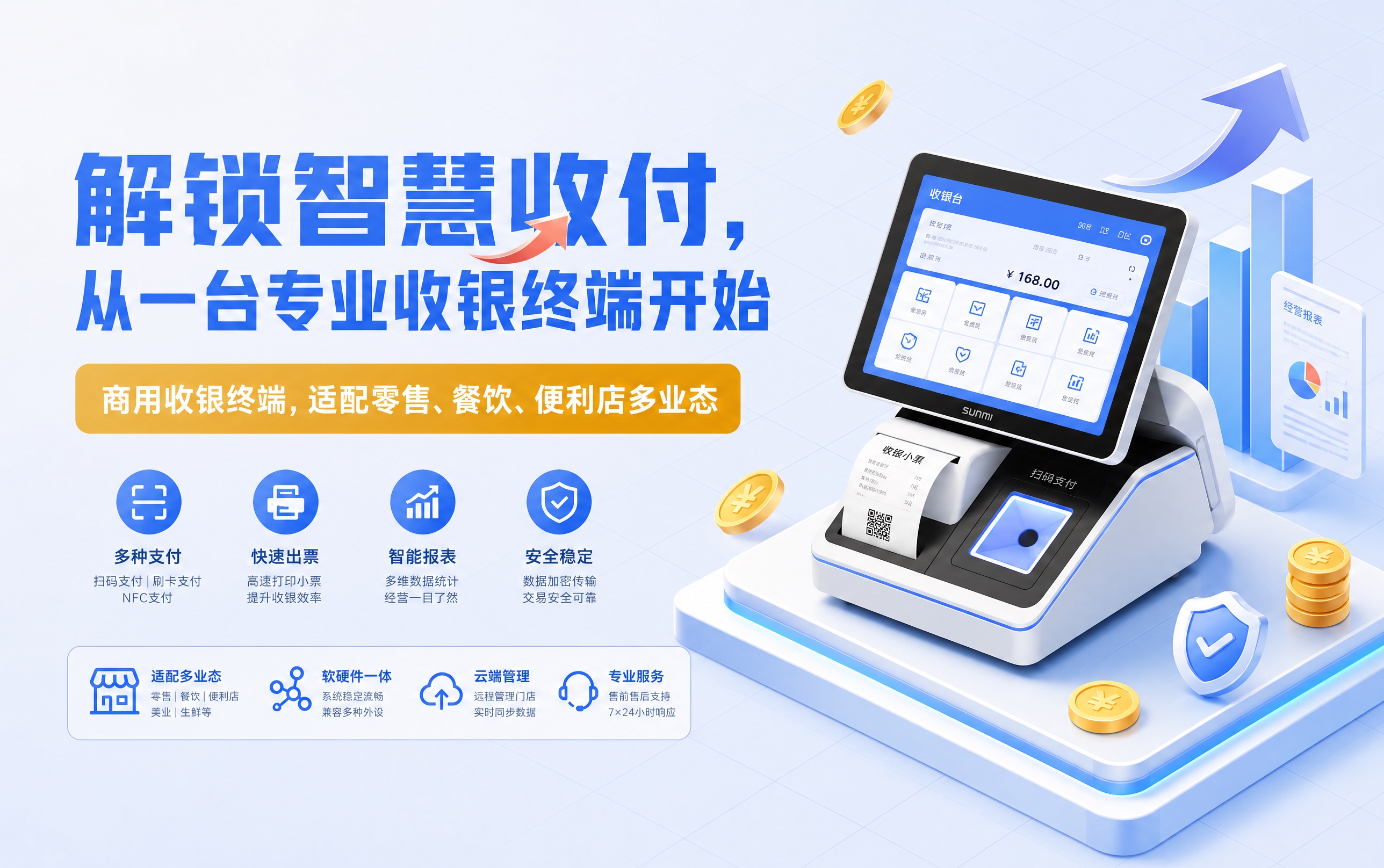 参考图的版式骨架与2.5D等距科技风格，将主题替换为商用收银终… - 图片创意预览