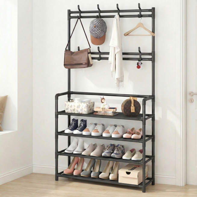 以图1为背景，对后续图片分别进行溶图操作，不要改变后续图片中鞋帽架的结构、层数、材质、比例预览效果