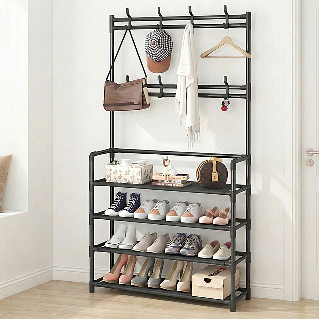 以图1为背景，对后续图片分别进行溶图操作，不要改变后续图片中鞋帽架的结构、层数、材质、比例