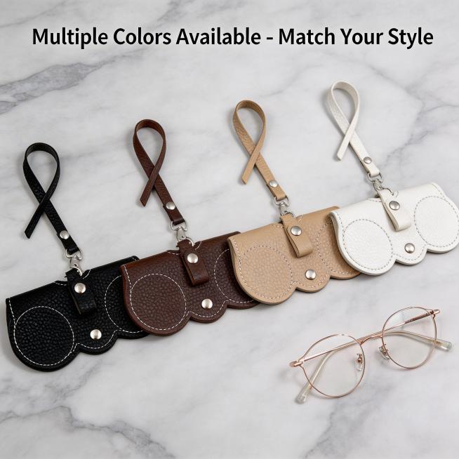 Multiple sunglasses cases in different colors (black, brown, beige, white) arranged neatly on a marb预览效果