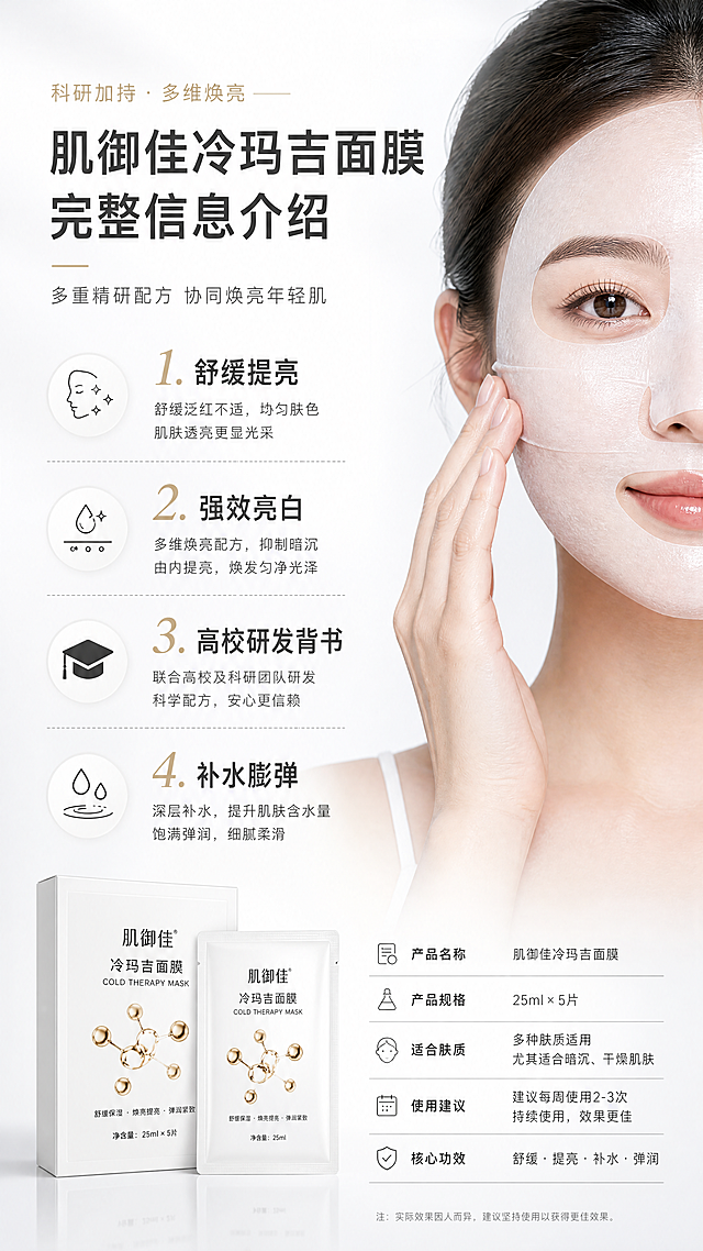 [第6屏] 详情页产品信息-肌御佳冷玛吉面膜完整信息介绍。左文右图左右分栏，左侧分四点介绍：舒缓提亮、强效亮白、高校研发背书、补水膨弹，右侧放模特半脸敷面膜使用展示。浅白渐变背景，深灰文字，自然肤色，9:16竖版，4K分辨率，文字清晰。负面提示：文字错位，模特变形，水印，背景杂乱。