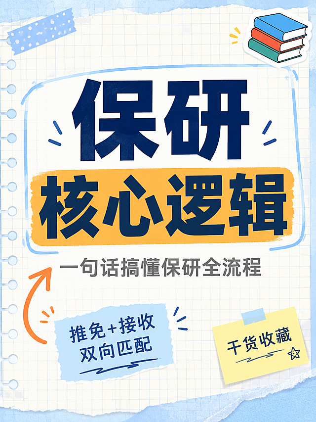 小红书笔记大字封面，纯大字，手账拼贴学习风，版式精美，小红书笔记封面质感，适合信息流点击。主标题必须完整呈现且为画面视觉中心，逐字锁定：「保研核心逻辑」。主标题字号占画面约 50% 视觉权重，清晰可读，不得增删改字。副标题：「一句话搞懂保研全流程」。装饰短句/角标：「推免+接收 双向匹配」「干货收藏」。背景：浅蓝+米白笔记纸纹理，带淡网格线，学习感清爽底色。标题排版：扁平粗黑体，主标题深蓝近黑色，关键词「核心逻辑」加橙色矩形色块底高亮；副标题灰色细体置于主标题下方；采用纯大字 P11 + P08 组合策略。装饰：右上角 1 个 📚 书本 emoji 小贴纸；左下角 1 个手绘弯曲橙色箭头指向主标题；另加浅蓝细线框围绕主标题区域，胶带贴纸点缀左上角；emoji 不与主标题逐字混排，禁止底部横排多个。整体氛围：学习干货、清爽笔记感、信息层级清晰、适合保研备考学生收藏。画质：高清细腻，主标题与背景强对比，文字完整处于安全区内不可裁切，四周留安全边距。画面比例 3:4，4K。