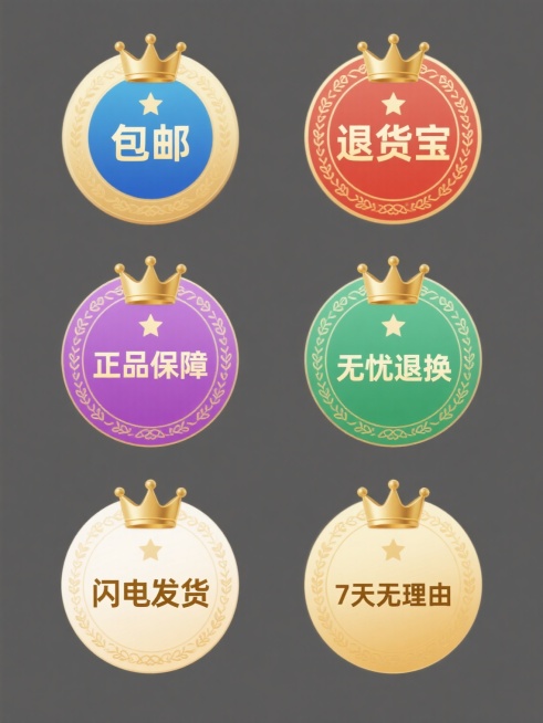 6个规整排布的促销标签素材，每个标签为圆形徽章样式，采用纯色背景且颜色各不相同，徽章边缘有金色花纹装饰，顶部有五角星点缀，中心位置有金色皇冠图案，下方分别为“包邮”“退货宝”“正品保障”“无忧退换”“闪电发货”“7天无理由”的中文文字，字体为稳重的无衬线体，字重适中，整体设计具有强烈的视觉层级，信息传达清晰直接，符合电商促销场景的设计感，强调品质与保障的视觉传达。预览效果