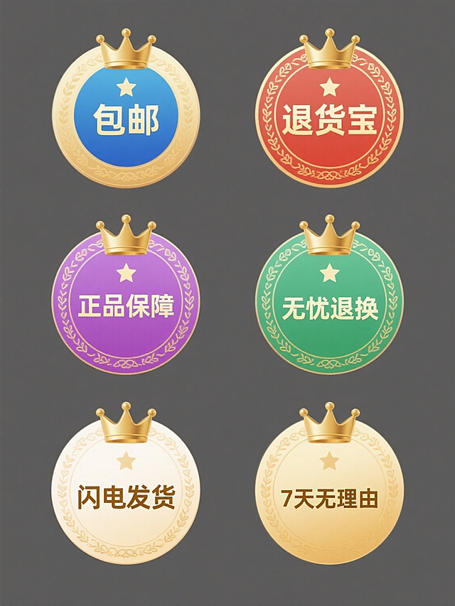 6个规整排布的促销标签素材，每个标签为圆形徽章样式，采用纯色背景且颜色各不相同，徽章边缘有金色花纹装饰，顶部有五角星点缀，中心位置有金色皇冠图案，下方分别为“包邮”“退货宝”“正品保障”“无忧退换”“闪电发货”“7天无理由”的中文文字，字体为稳重的无衬线体，字重适中，整体设计具有强烈的视觉层级，信息传达清晰直接，符合电商促销场景的设计感，强调品质与保障的视觉传达。
