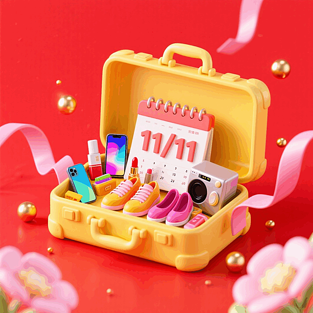 一个打开的亮黄色大手提箱，箱内有一个醒目的“11/11” 日历牌，日历牌旁许多商品（鞋子、口红、手机、家电等），周围环绕粉色丝带、金色小球、花朵等元素装饰，背景为亮红色，超强的促销感。