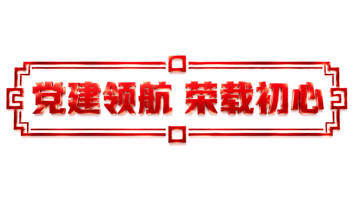 将“党建领航 荣载初心”艺术字调整为横向排版，拉伸矩形边框适配16:9比例，保留红色渐变字体和中式回纹边框设计，整体构图居中稳定，党建风格不变，纯白色背景预览效果