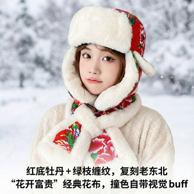 这是一款民族风大花雷锋帽，换个背景，要在雪地里拍照的场景，要符合逻辑，不要太假，背景虚化，视觉中心是帽子，第一眼就要看到帽子，主次要分明，添加【红底牡丹 + 绿枝缠纹，复刻老东北 “花开富贵” 经典花预览效果