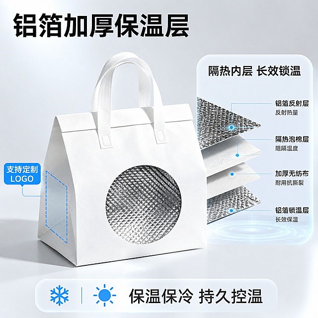 [主图-2] 保温袋材质结构卖点展示图
[氛围风格] 专业清晰商业展示风格
[画质] 商业摄影质感，细节清晰锐利，干净通透
[元素] 白色保温袋居中放置，右侧用剖面放大画中画展示铝箔保温内层结构，左侧标注定制区域位置，保持保温袋外观、物理结构、材质质感、颜色与输入产品图绝对一致，杜绝任何变形和色差，精细化处理，商品主体占比约70%，画中画增加指示线标注结构名称
[光影] 柔和棚拍影棚光，阴影干净，结构突出，层次清晰
[配色] 浅灰背景为主，用浅蓝科技光效点缀结构展示区，白色主体突出
[视角构图] 正面平视居中，浅景深突出主体，画中画布局清晰不遮挡主体
[文字版式] 顶部左上角大字“铝箔加厚保温层”，黑色粗体；右侧画中画标注“隔热内层 长效锁温”，左下角底部“保温保冷 持久控温”，清晰排版，不遮挡产品
[输出要求] 1:1 比例，文字清晰可辨，超高清商业摄影质感
[负向提示词] 变形，文字错乱，产品图模糊，背景杂乱，水印，电商平台Logo