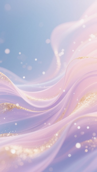 梦幻背景，数字艺术风格，柔和渐变的粉蓝与淡紫色调，轻盈飘逸的流体丝绸质感波浪，金色与白色闪光粒子点缀其间，朦胧柔和的光影效果，边缘虚化处理，整体呈现宁静浪漫的氛围，无文字元素。预览效果