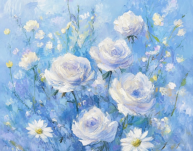 参考原图的油画厚涂风格，重新生成蓝白色玫瑰花和小雏菊的油画内容，去掉画面所有的文字，保持整体构图和色调不变