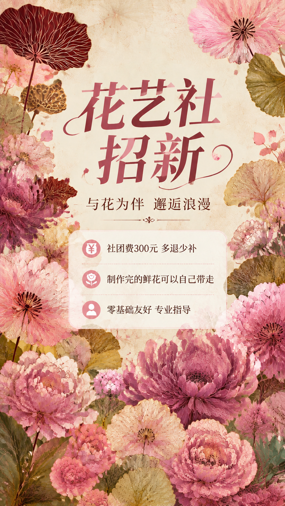 修改这张花艺社招新海报：去掉左下角的"扫码报名"文字，去掉右下… - 图片创意预览