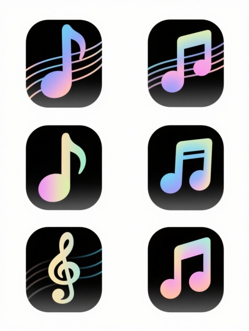 白色背景上，六个规整排列的音乐符号系列素材集合，每个素材保持原有的飘逸曲线五线谱、高音谱号、八分音符、四分音符、附点音符等核心音乐元素，但采用完全不同的色彩搭配方案，整体呈现柔和渐变的半透明数字插画风格，线条流畅细腻，色彩明亮通透，每个素材在色彩上形成鲜明对比又和谐统一，共同构成具有节奏感和视觉美感的系列设计。预览效果