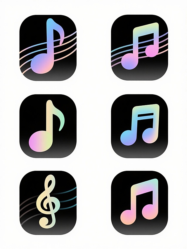 白色背景上，六个规整排列的音乐符号系列素材集合，每个素材保持原有的飘逸曲线五线谱、高音谱号、八分音符、四分音符、附点音符等核心音乐元素，但采用完全不同的色彩搭配方案，整体呈现柔和渐变的半透明数字插画风格，线条流畅细腻，色彩明亮通透，每个素材在色彩上形成鲜明对比又和谐统一，共同构成具有节奏感和视觉美感的系列设计。