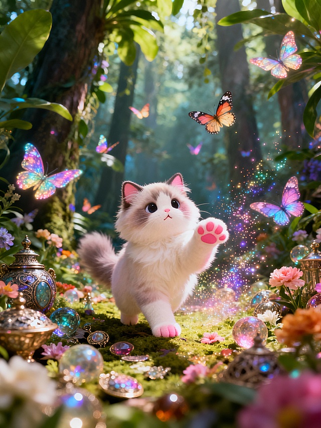 小猫咪在森林里追逐蝴蝶