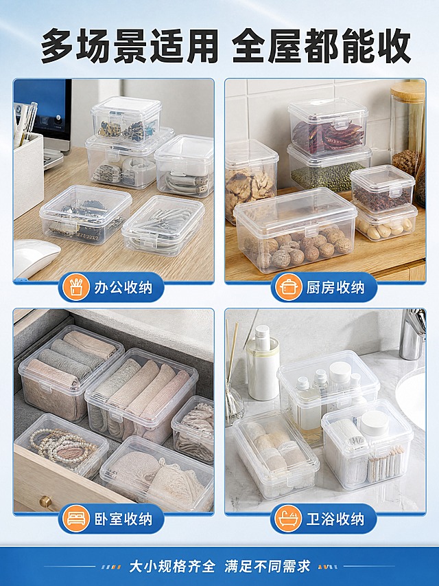 [商品] 使用【图1】透明PP塑料收纳盒；保留盒体透明PP材质、卡扣盖、方正造型；增强通透质感，不同场景中产品自然融入，不改变原有结构。
[画面] 页面目标：多场景应用拼贴，展示四大使用场景，体现产品广泛适用性。构图：四宫格拼图，2x2排列，四个场景分别为：左上-办公桌面收纳文具零件；右上-厨房收纳调料干货小物件；左下-卧室收纳饰品袜子内衣；右下-卫浴收纳洗漱用品。每个宫格都是真实场景，收纳盒自然摆放在对应的环境中，里面装着相应的物品。每个宫格有独立的场景氛围，但整体色调统一。
[视觉] 套系策略：风格=1688 B端源头工厂风 干净通透工业品质感；标题字=无衬线粗黑体 厚重有力；正文字=简洁无衬线黑体 清晰易读；主色=工业蓝+透明本色；背景延展=基于工业蓝做深浅层级渐变 搭配浅灰与工厂环境虚化 同色系延展；强调色=亮橙色 仅用于小面积标签、图标和重点高亮；标题色=深炭灰；正文色=中灰；组件=细边框信息卡、工业风引线、圆角矩形标签；光影=左前侧柔和主光 透明盒体有自然透光和边缘高光 底部真实接触阴影 各场景光影自然统一。
[文字] 顶部大标题"多场景适用 全屋都能收"，四个宫格下方分别标注场景名称："办公收纳"、"厨房收纳"、"卧室收纳"、"卫浴收纳"，每个标注配小图标。底部加一行"大小规格齐全 满足不同需求"。所有文字横排。
[规格] 图片比例3:4竖版，4K分辨率，避免变形、错字、文字过小、产品结构失真、悬浮感、各场景色调不统一、极限词、平台logo。