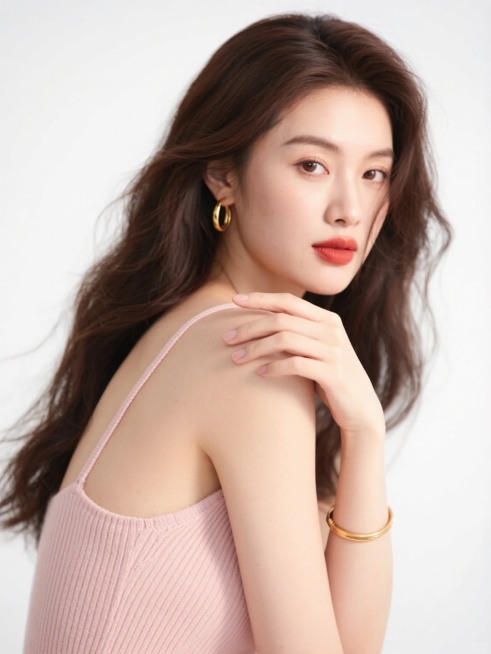 高清时尚人像摄影，柔和细腻的光线从斜前方照亮面部，营造出自然通透的肌肤质感和清晰柔和的面部轮廓阴影，暖调肤色搭配自然红润的唇妆，深棕色长卷发自然垂落并带有轻盈飘逸的发丝动感，模特身着裸粉色细肩带针织上衣，佩戴简约金色细圈耳环和金色细手镯，采用半身构图，模特侧身回眸，一手自然搭在另一侧锁骨处，另一手轻扶发丝，眼神温柔看向镜头，整体画面简洁干净以纯白色为背景，突出人物优雅气质与精致妆容，保持原有的……预览效果